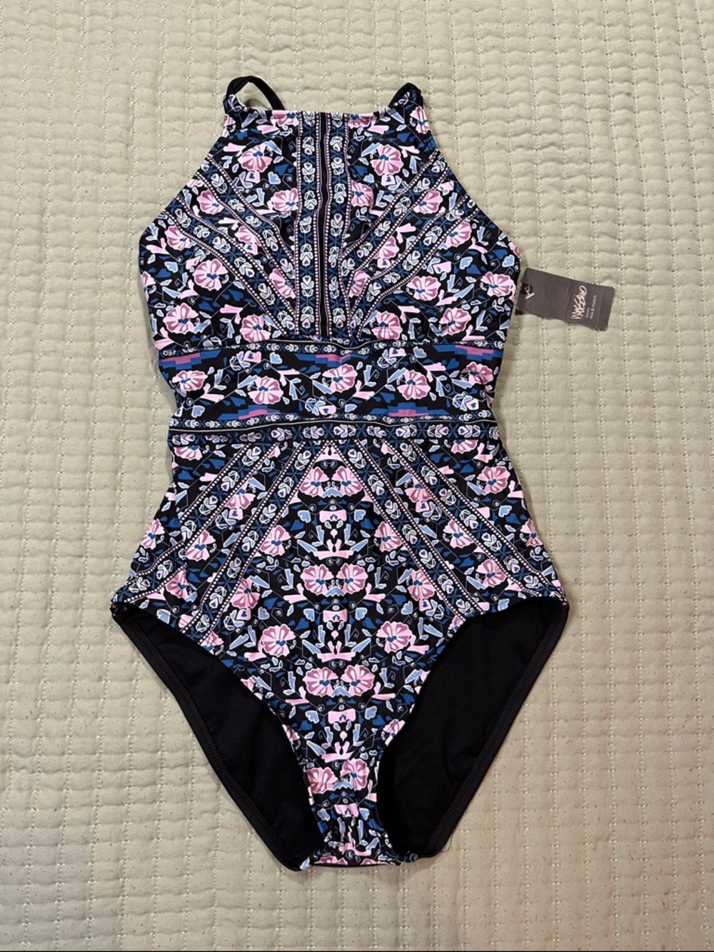 Mossimo Supply Co. Black Floral High-Neck One-Piece Swimsuit - Pink & Blue